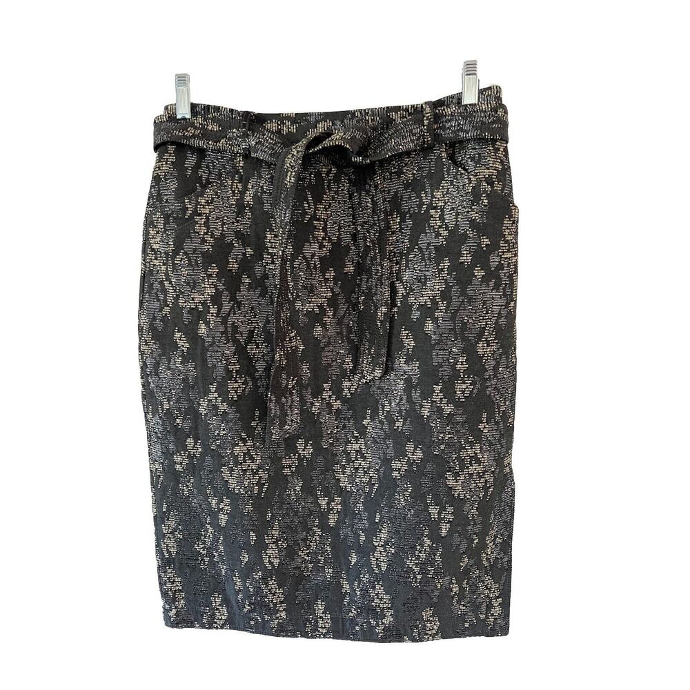Banana Republic Gray Silver Metallic Skirt Size 6 Pencil Midi Slit Tie Belt